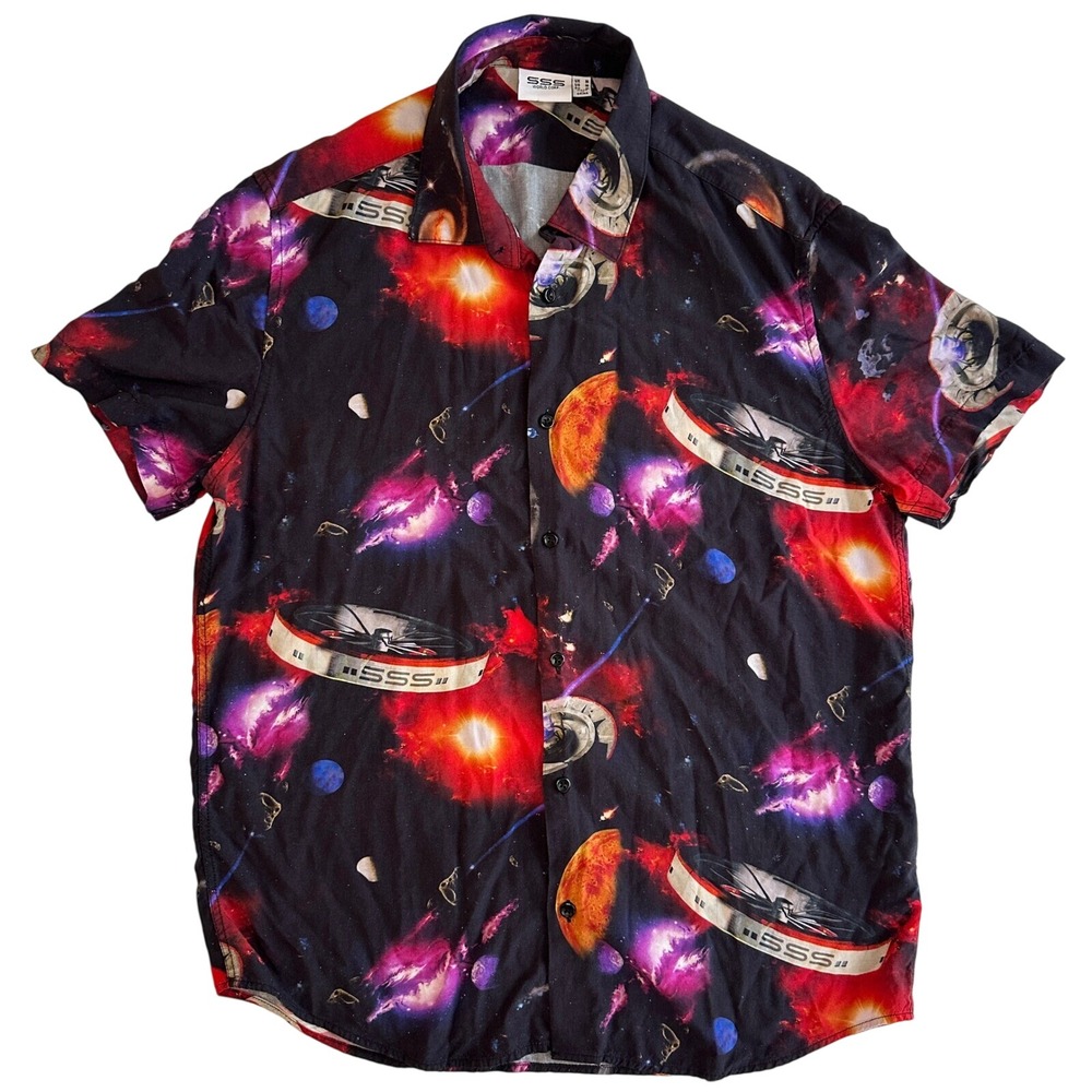 SSS World Corp Galaxy Spaceship Shirt Mens M Black Multicolor Graphic Button‎ Up